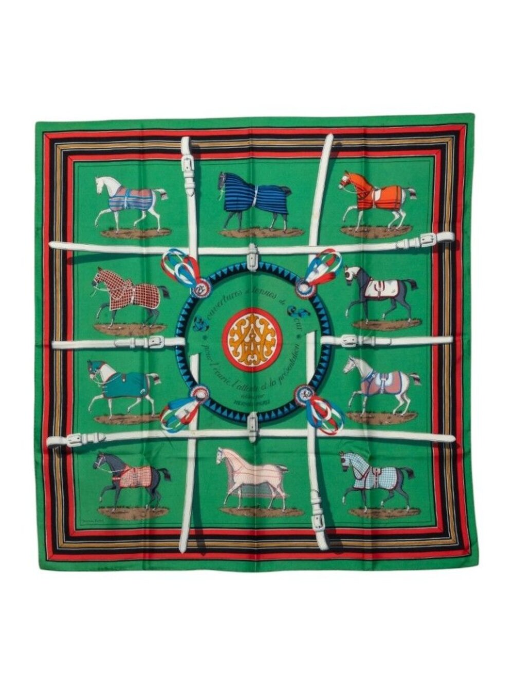 Hermes Carre 90 Equestrian Couvertures Et Tenues de Jour Scarf Green Multicolor